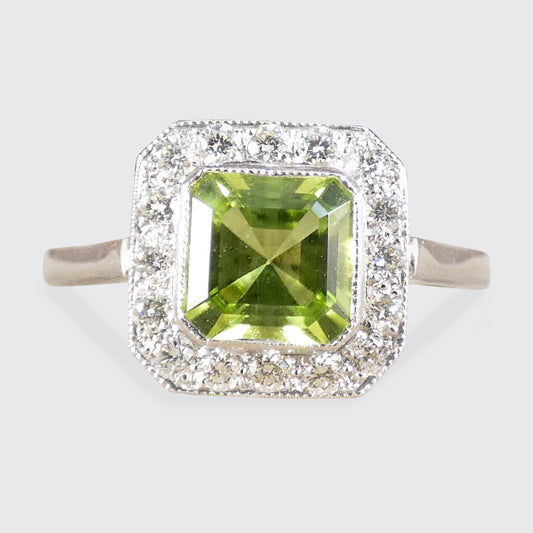 Art Deco Style Peridot and Diamond Cluster Ring in Platinum.