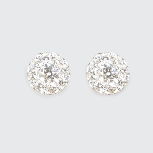 Dazzling diamond illusion cluster earrings in white gold, designed to appear as a single larger stone with intricate brilliance.