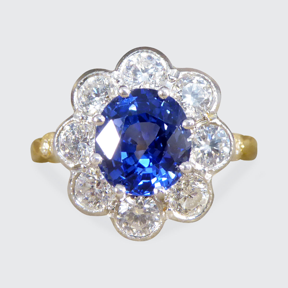 Edwardian Inspired 2.24ct Sapphire and Diamond Cluster Ring in 18ct Gold - Wharfedale Antiques