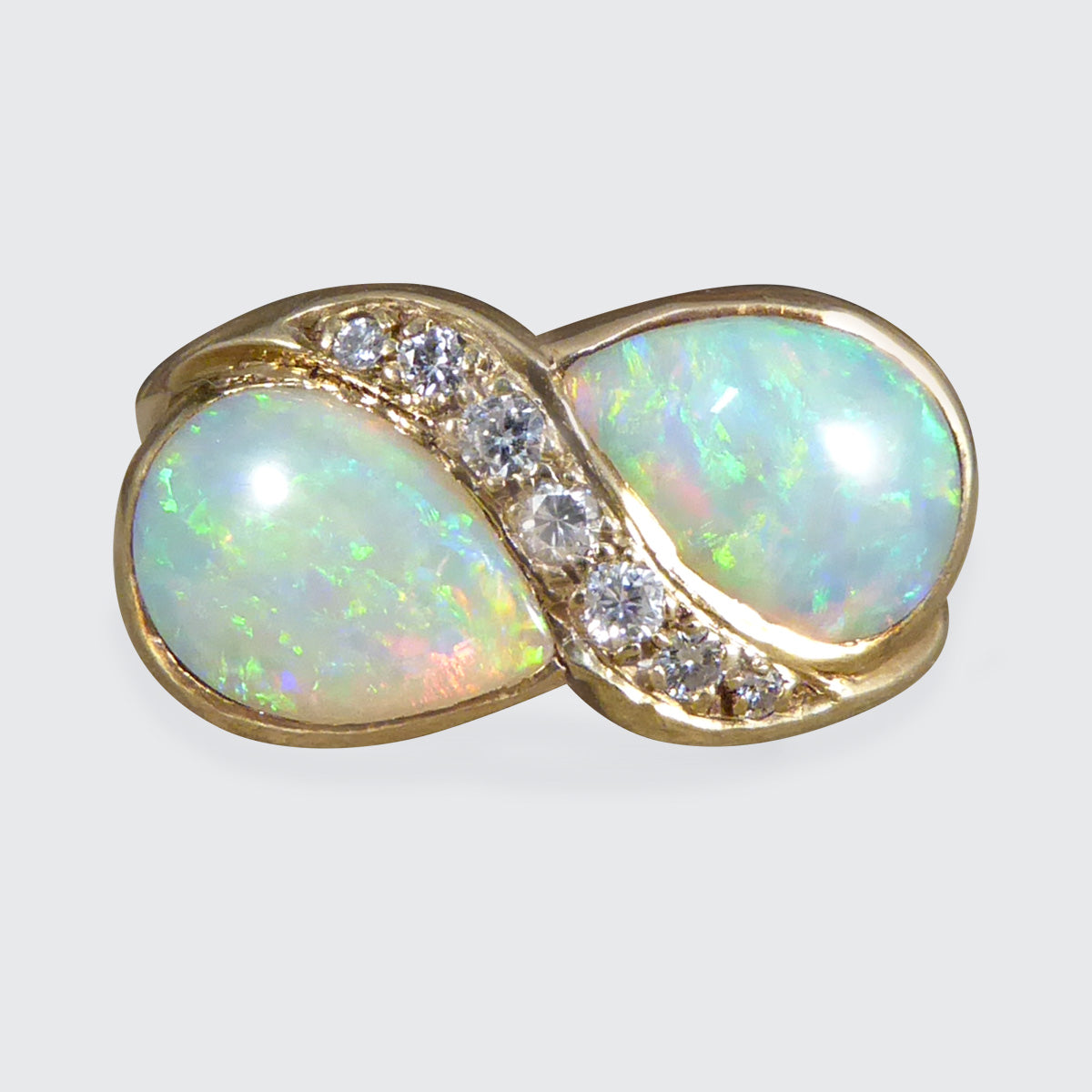 Vintage Pear Cut Opal and Diamond Toi Et Moi Style Ring in Yellow Gold