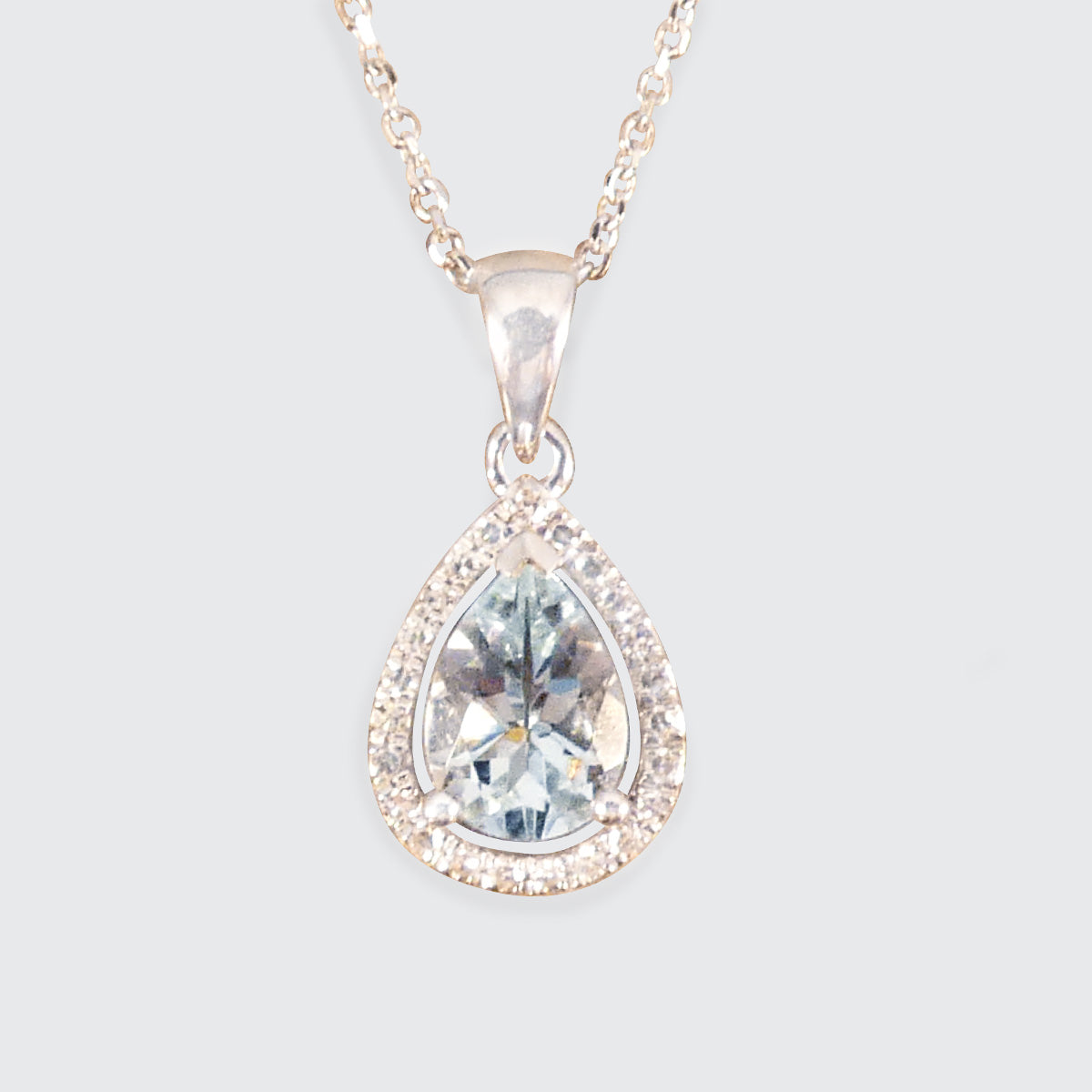 Diamond and Pear Cut Aquamarine Cluster Pendant Necklace in White Gold - Wharfedale Antiques