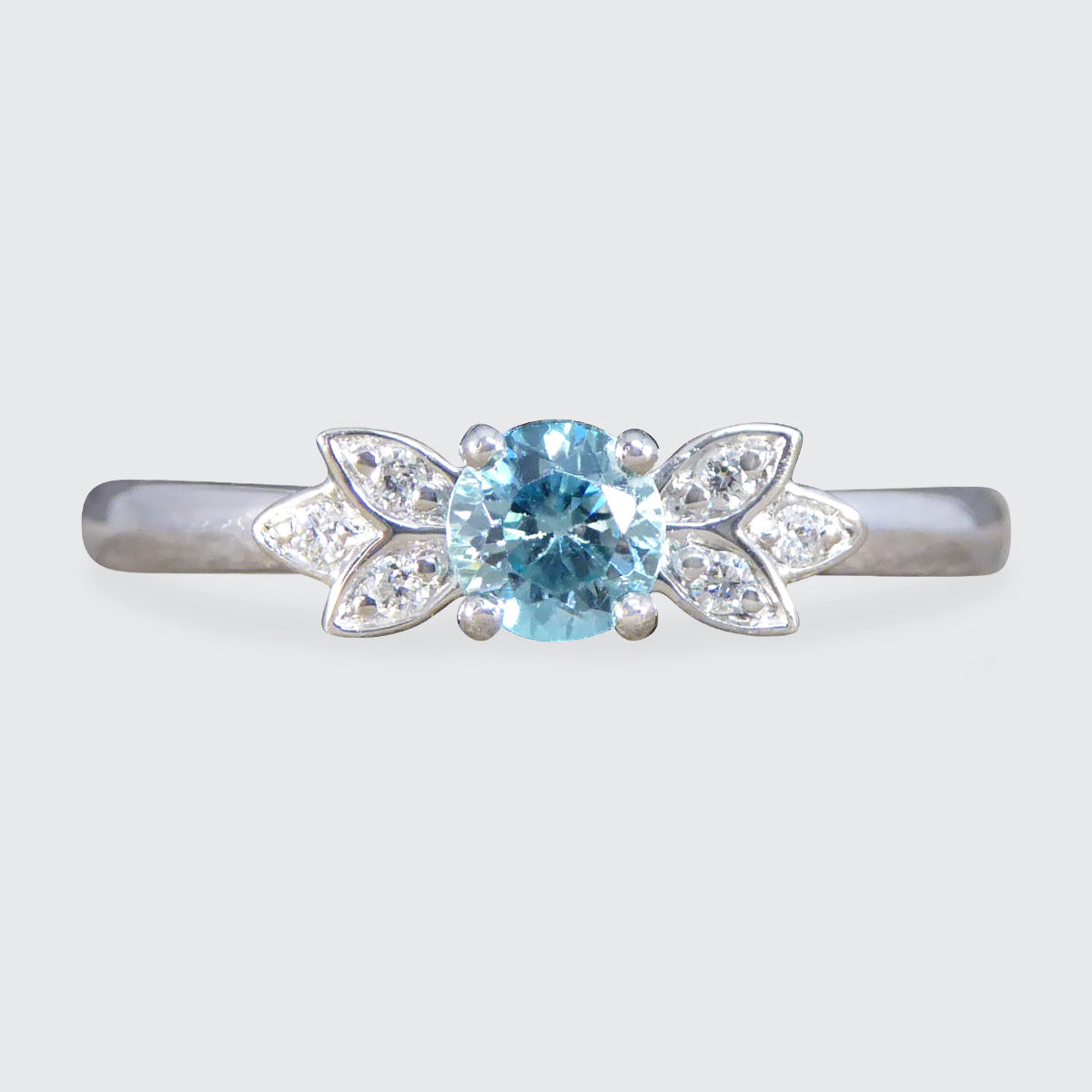 Blue Zircon and Diamond set Butterfly Ring in Platinum