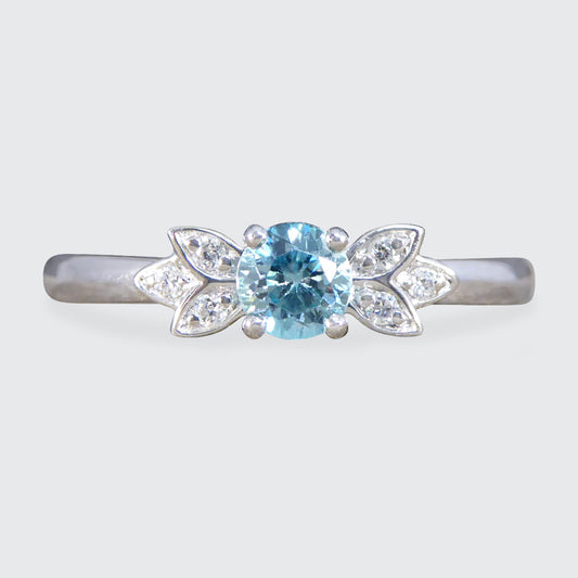 Blue Zircon and Diamond set Butterfly Ring in Platinum - Wharfedale Antiques