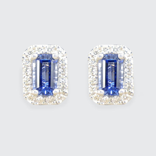 A bright and vibrant pair of Sapphire and Diamond Halo Cluster Stud Earrings in 18ct White Gold.