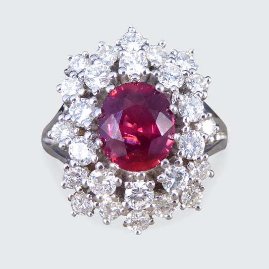 Contemporary 1.80ct No Heat Ruby and 1.28ct Diamond Double Cluster Ring in 18ct White Gold - Wharfedale Antiques