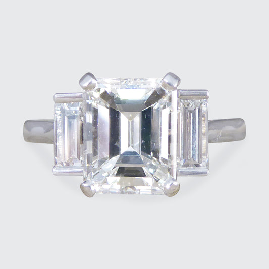 2.57ct Emerald and Baguette Cut Three Stone Ring in Platinum - Wharfedale Antiques
