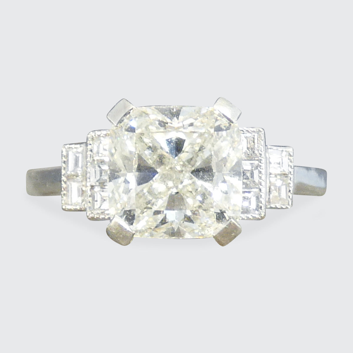 GIA Cert 2.01ct Cushioned Brilliant Cut Diamond Solitaire with Diamond Set Shoulders in Platinum.