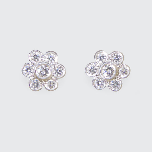 Diamond Flower Cluster Stud Earrings in 18ct White Gold