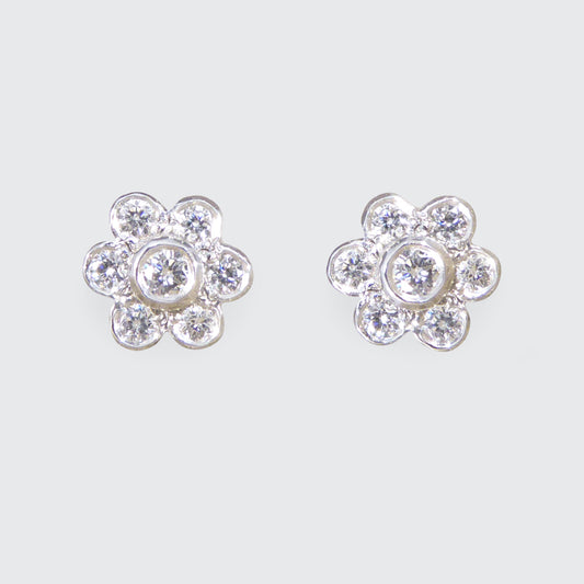 Diamond Flower Cluster Stud Earrings in 18ct White Gold - Wharfedale Antiques