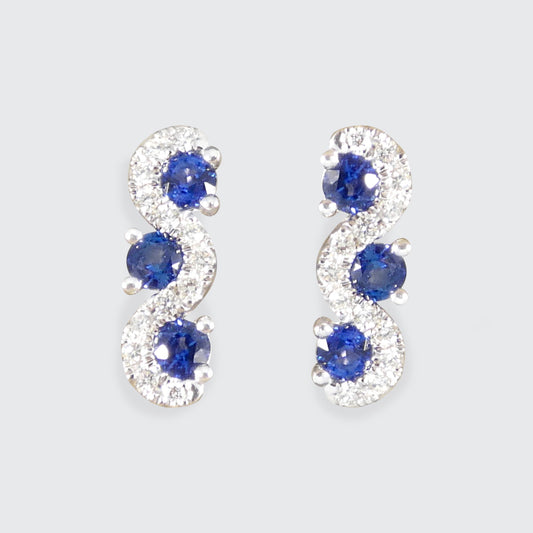 Ceylon Sapphire and Diamond Three Stone Lazy River Earrings in Platinum - Wharfedale Antiques