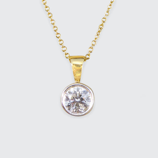Classic 0.75ct Diamond Bezel Set Solitaire Pendant Necklace in 18ct Gold - Wharfedale Antiques