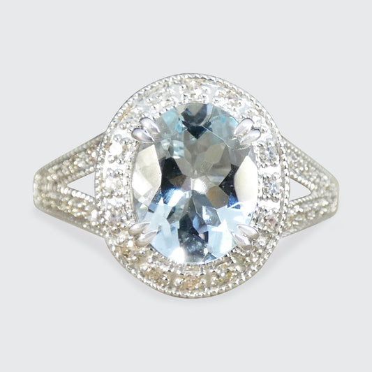 Aquamarine and Diamond Cluster Ring with Diamond Split Shoulder in White Gold - Wharfedale Antiques
