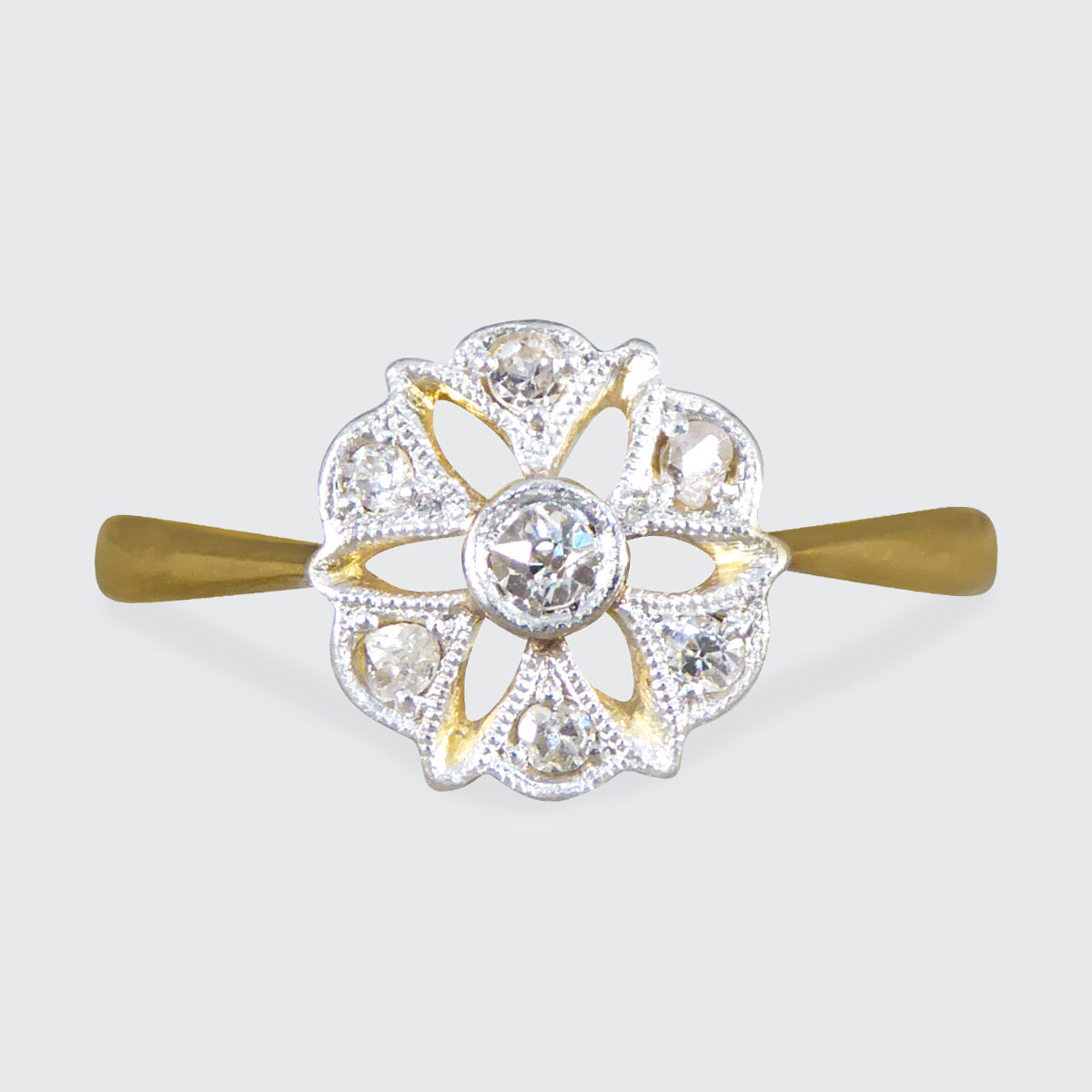 Edwardian Diamond Set Floral Ring in 18ct Yellow Gold and Platinum - Wharfedale Antiques