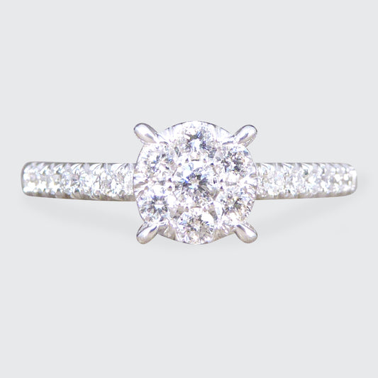 Solitaire Illusion set Diamond Cluster Ring in White Gold with Diamond Shoulders - Wharfedale Antiques