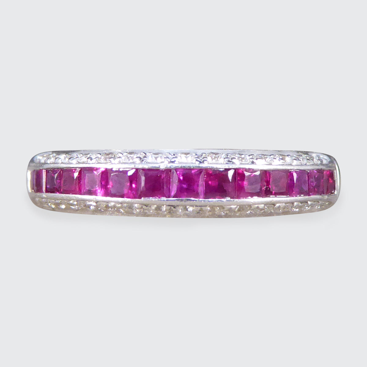 Ruby and Diamond Half Eternity Domed Ring in 18ct White Gold - Wharfedale Antiques
