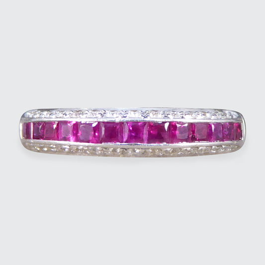 Ruby and Diamond Half Eternity Domed Ring in 18ct White Gold - Wharfedale Antiques