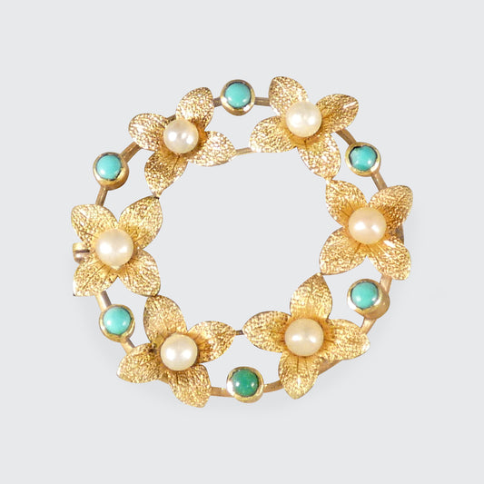 Edwardian Seed Pearl and Turquoise Wreath Brooch in 15ct Yellow Gold