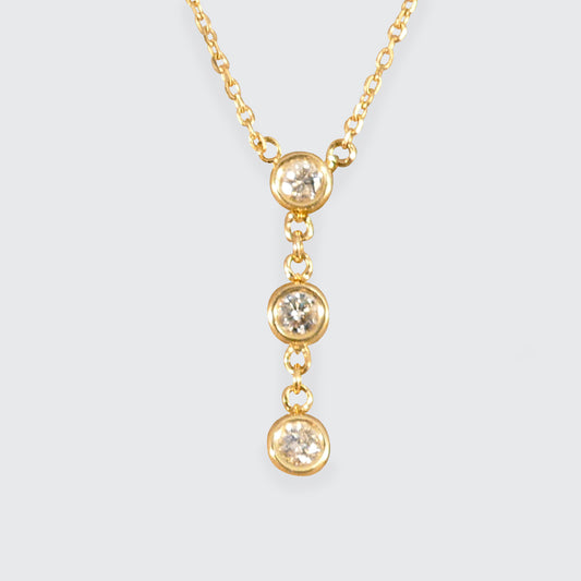 Dainty and Stackable Diamond Three Stone Drop Necklace in Yellow Gold - Wharfedale Antiques