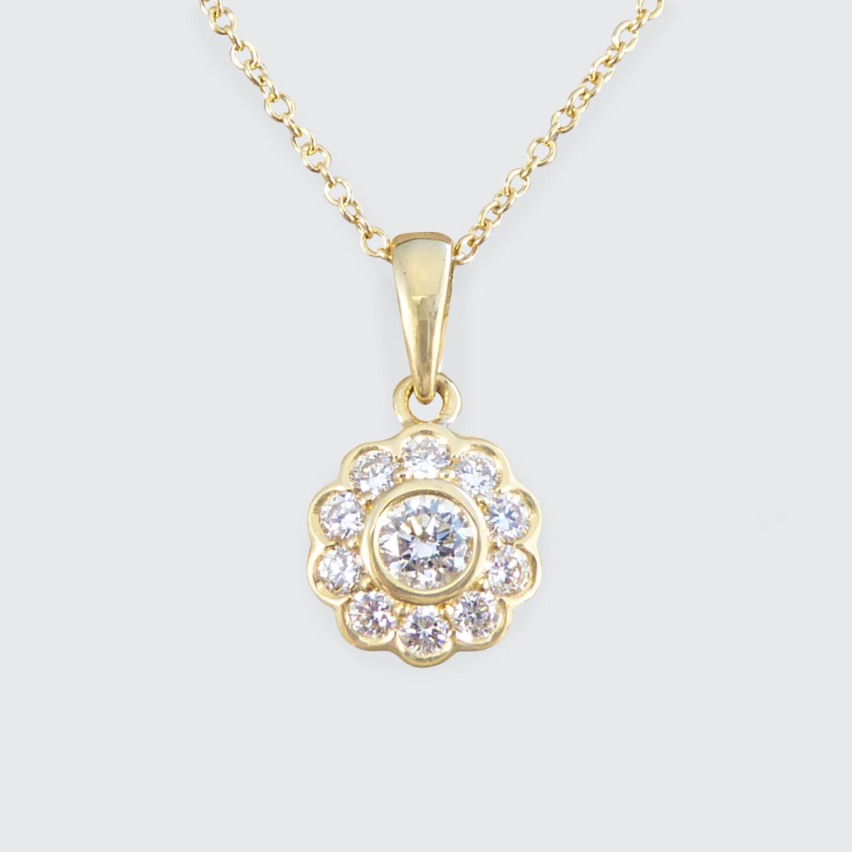 Diamond Flower Cluster Pendant Necklace in 18ct Yellow Gold - Wharfedale Antiques