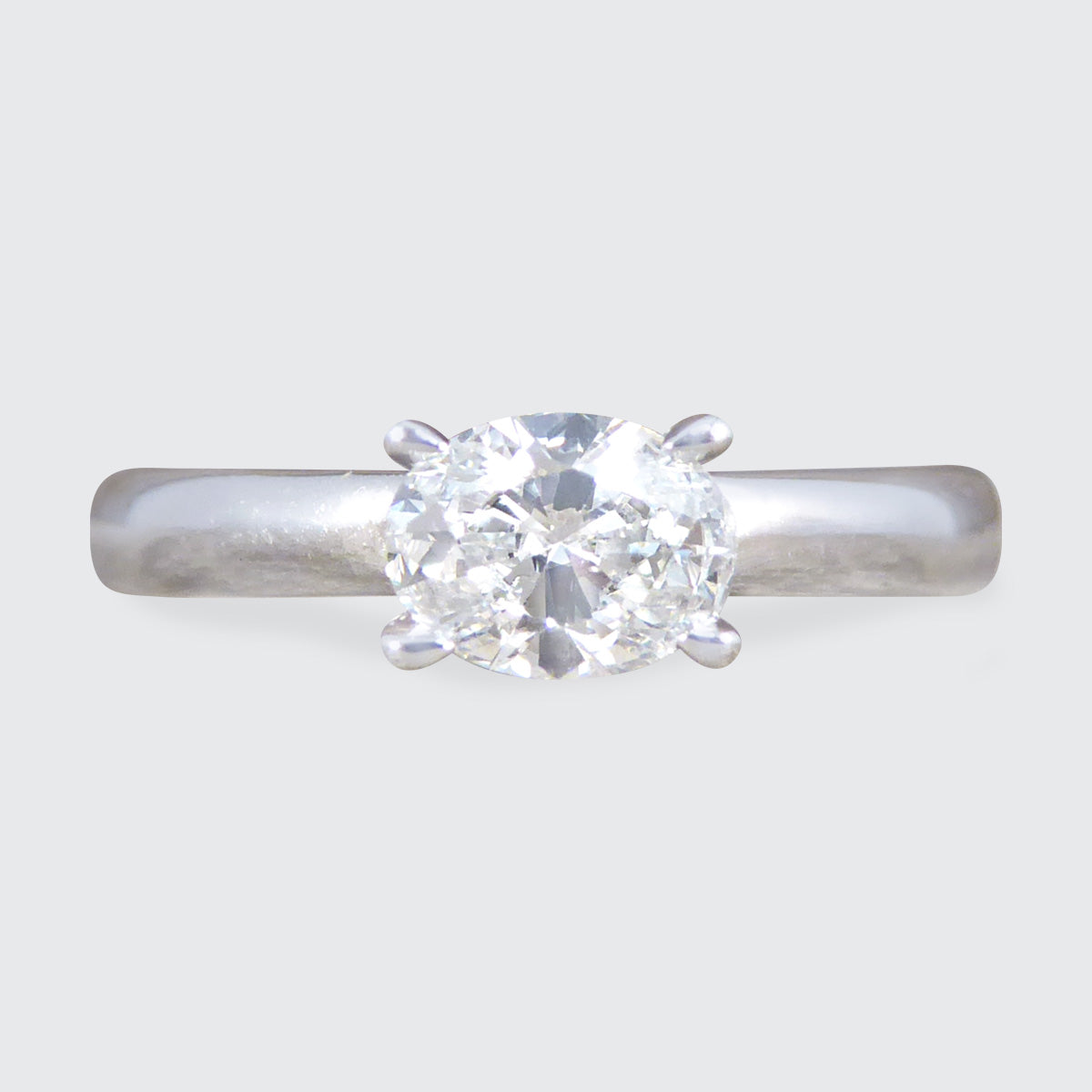 Oval Cut East West Diamond Solitaire Ring in 18ct White Gold - Wharfedale Antiques