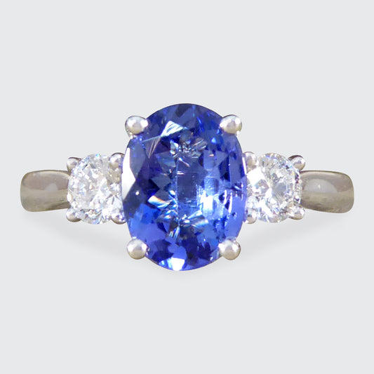 Tanzanite and Diamond Three Stone Ring in 18ct White Gold - Wharfedale Antiques