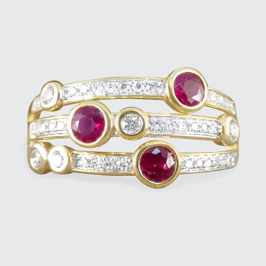 Ruby and Diamond Bubble Style Ring in 9ct Yellow Gold.