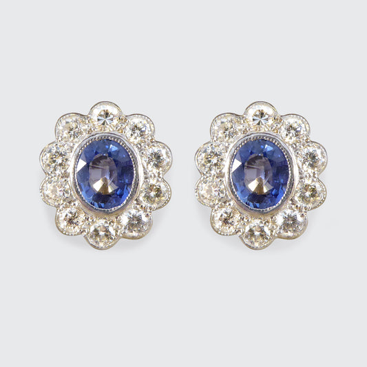 Edwardian Inspired Sapphire and Diamond Cluster Earrings in 18ct Gold - Wharfedale Antiques