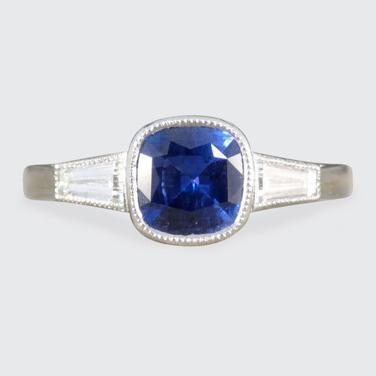 Sapphire and Tapered Baguette Cut Rub Over Set Ring in Platinum