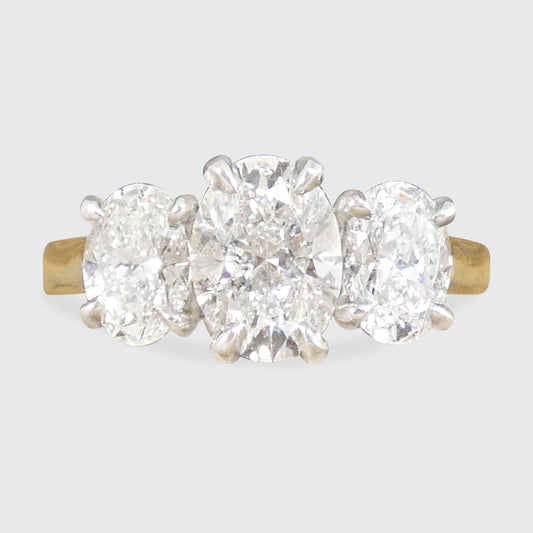 2.00ct Oval Cut Diamond Three Stone Ring in 18ct Yellow Gold and Platinum all GIA Certed.