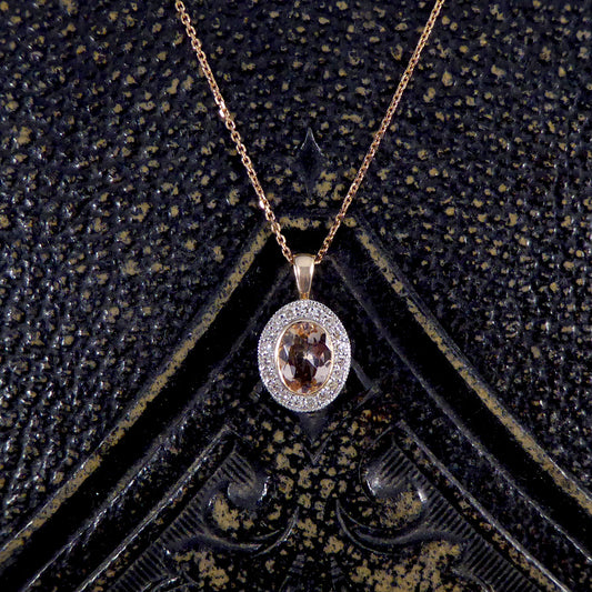 Morganite and Diamond Halo Cluster Pendant Necklace in White and Rose Gold - Wharfedale Antiques