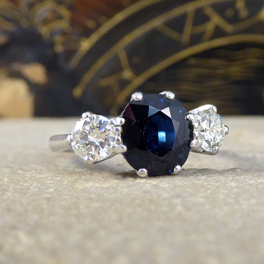C1920s Deep Sapphire and Diamond Trilogy Ring in 18ct White Gold and Platinum - Wharfedale Antiques