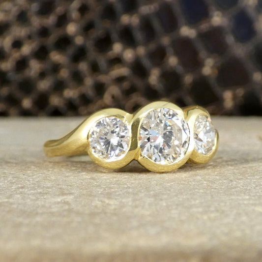 1.75ct Diamond Chunky Bezel Set Three Stone Ring in 18ct Yellow Gold - Wharfedale Antiques
