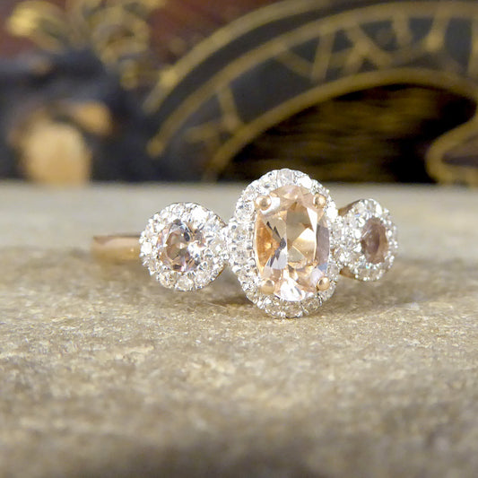 Morganite and Diamond Triple Cluster Ring in Rose Gold - Wharfedale Antiques