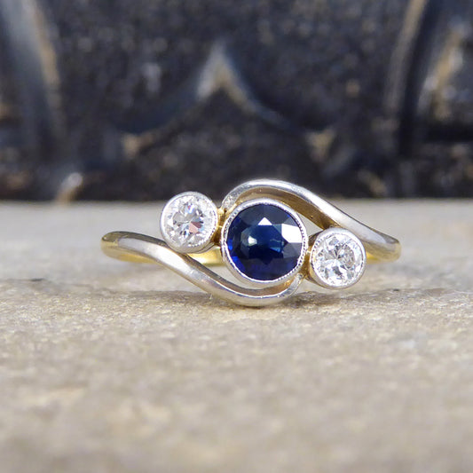 Edwardian Sapphire & Diamond Three Stone Crossover Ring in 18ct Gold and Platinum - Wharfedale Antiques