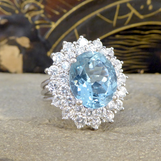 4.30ct Aquamarine and Diamond Double Cluster Ring in 18ct White Gold - Wharfedale Antiques