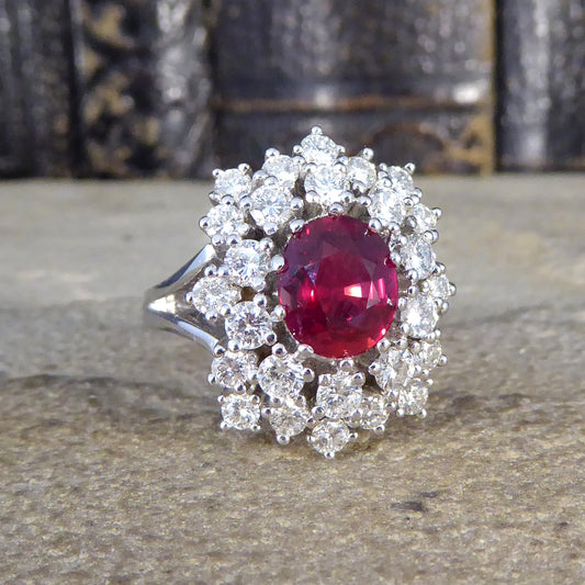Contemporary 1.80ct No Heat Ruby and 1.28ct Diamond Double Cluster Ring in 18ct White Gold - Wharfedale Antiques