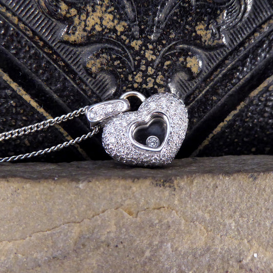 Diamond Set Heart Happy Diamonds Style Necklace in 18ct White Gold on White Gold Chain - Wharfedale Antiques