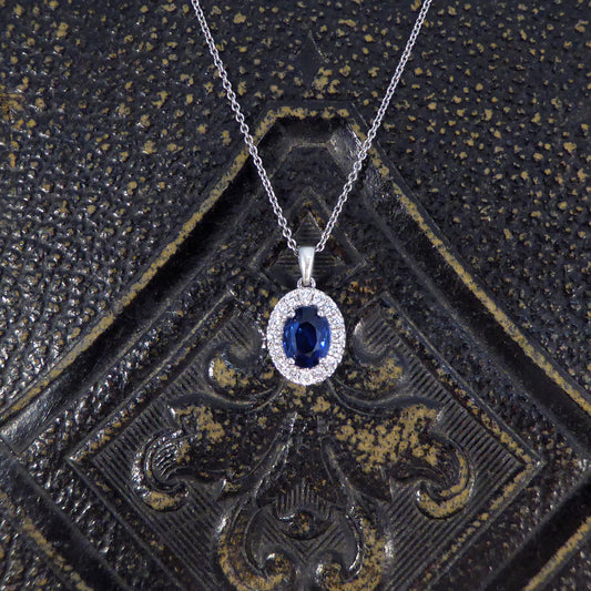 Sapphire and Diamond Cluster Pendant Necklace in 18ct White Gold - Wharfedale Antiques