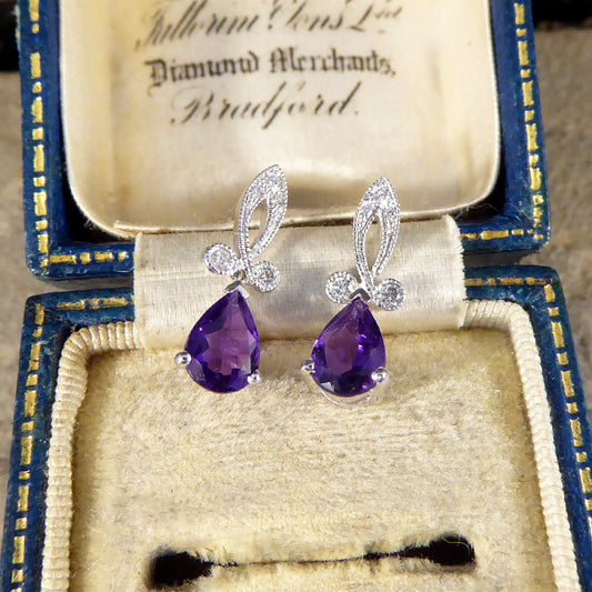 Art Deco Inspired Pear Shaped Amethyst Drop Earrings with Diamonds set in 18ct White Gold - Wharfedale Antiques