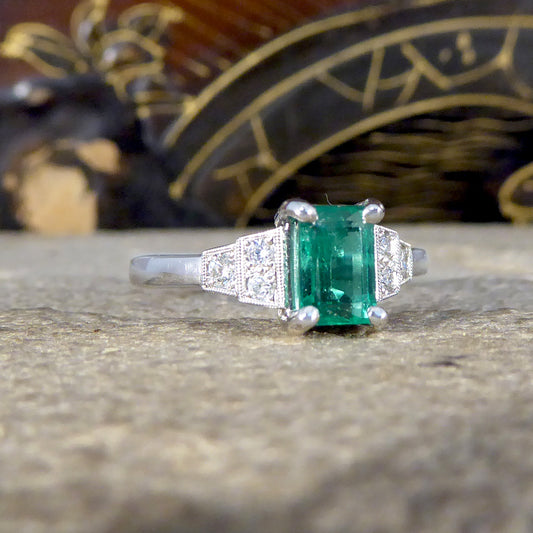 Art Deco Replica Emerald and Diamond Staged Shoulder Ring in Platinum - Wharfedale Antiques