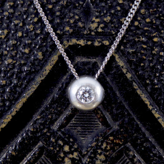 Diamond Circular Pendant Necklace with Rub Over Collar Setting in 18ct White Gold - Wharfedale Antiques