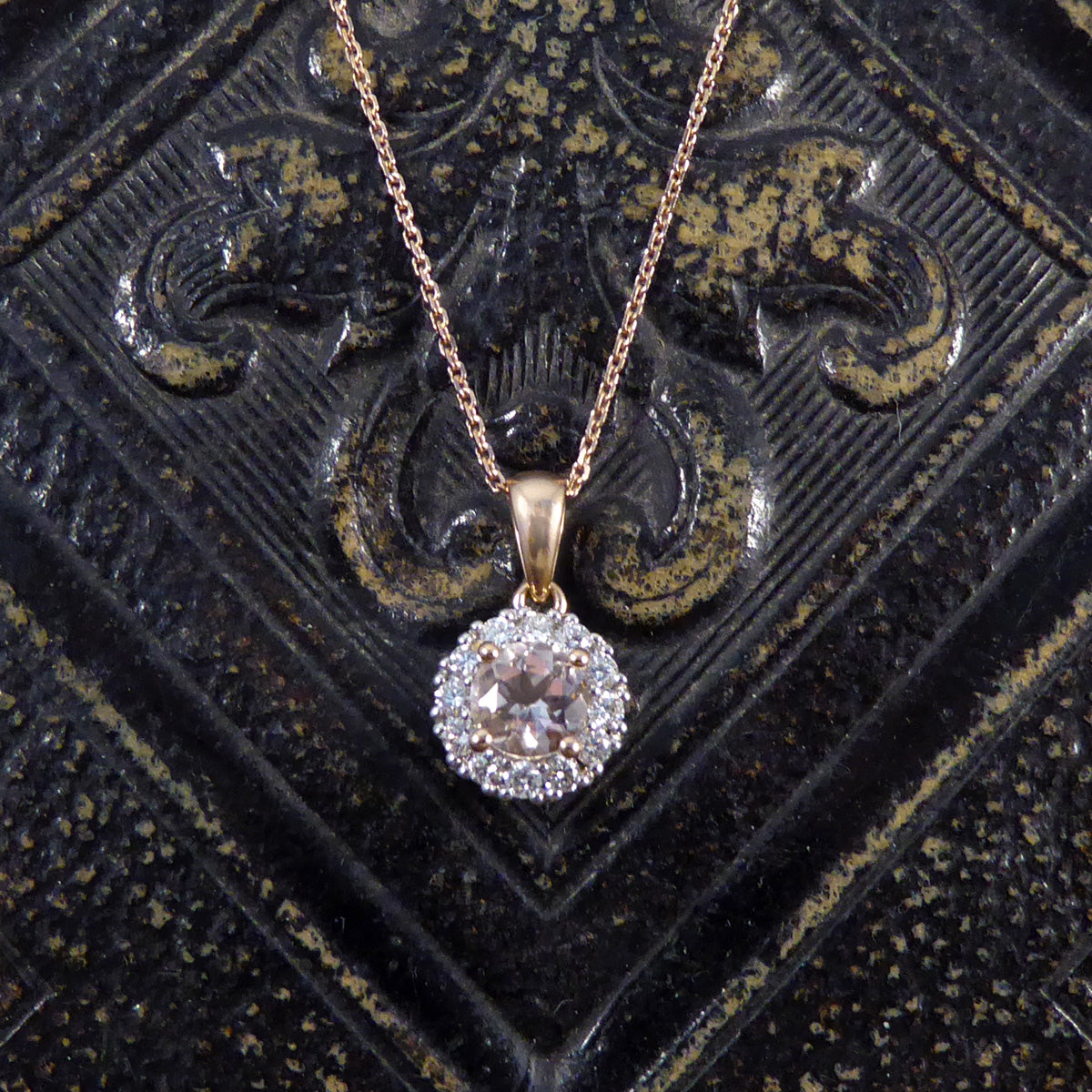 Morganite and Diamond Cluster Pendant Necklace in Rose Gold