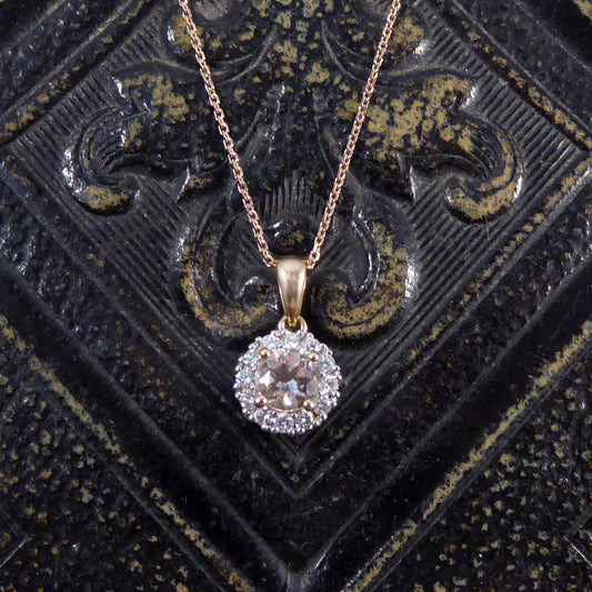 Morganite and Diamond Cluster Pendant Necklace in Rose Gold - Wharfedale Antiques