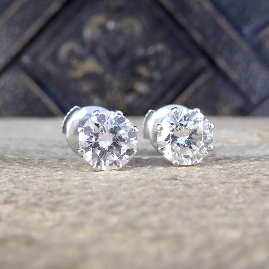 1.80ct Round Brilliant Cut Diamond Stud Earrings in Platinum - Wharfedale Antiques