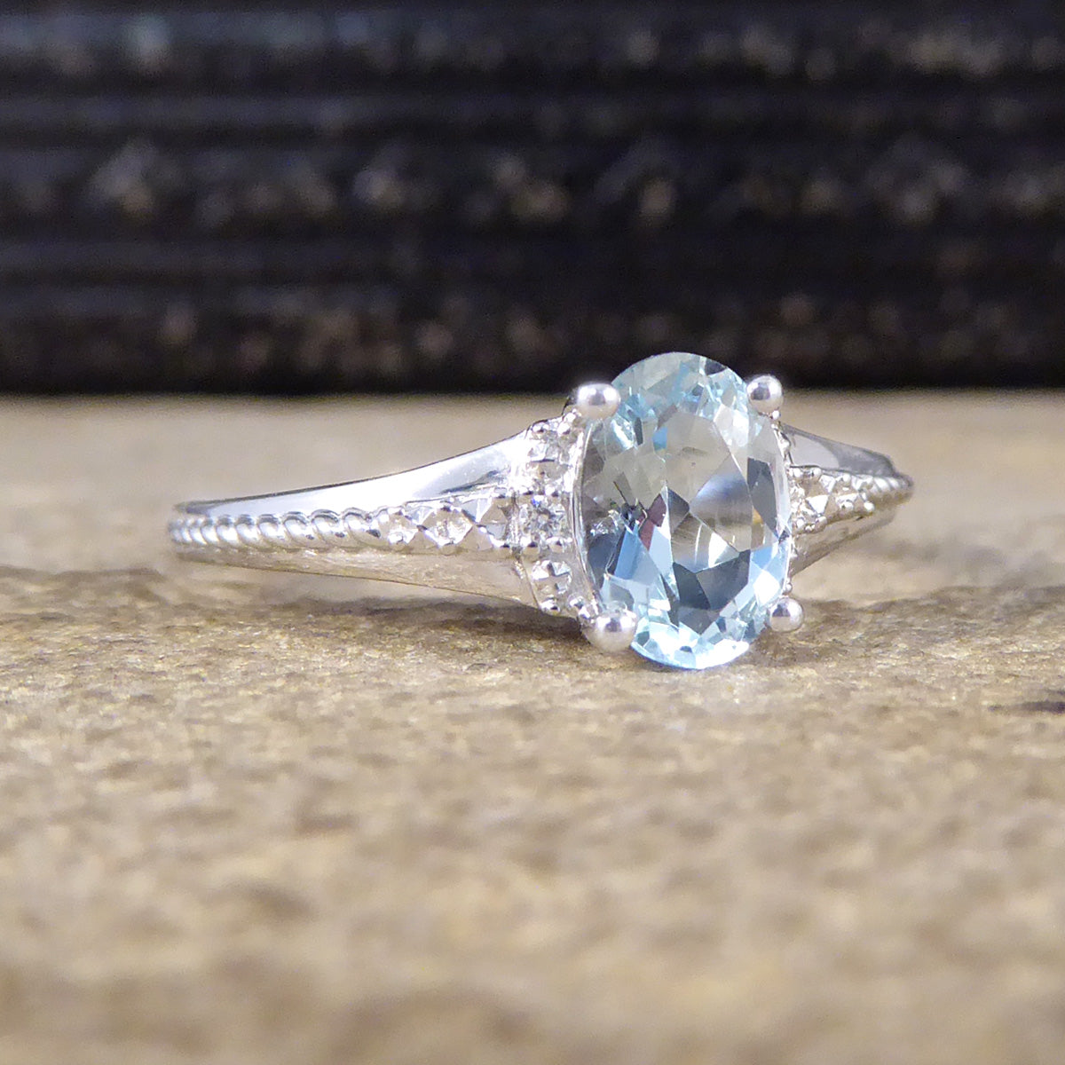 Solitaire Aquamarine and Diamond Illusion Set Ring in White Gold - Wharfedale Antiques