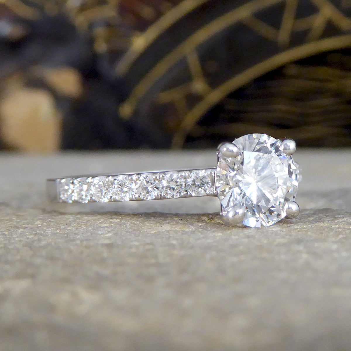 GIA Cert D Colour 0.90ct Brilliant Cut Diamond Solitaire Engagement Ring with Diamond Shoulders in 18ct White Gold - Wharfedale Antiques