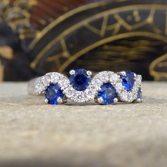 Ceylon Sapphire and Diamond Lazy River Ring in Platinum - Wharfedale Antiques