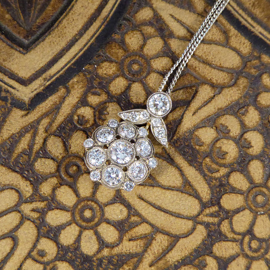 Antique Style 2.50ct Diamond Cluster Drop Pendant Necklace in Yellow Gold and Silver - Wharfedale Antiques