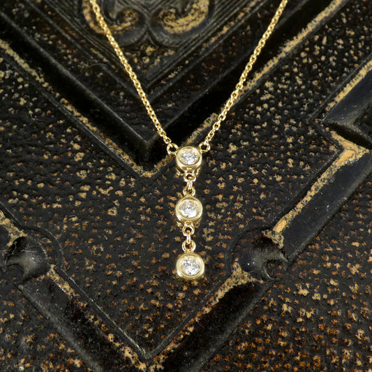 Dainty and Stackable Diamond Three Stone Drop Necklace in Yellow Gold - Wharfedale Antiques