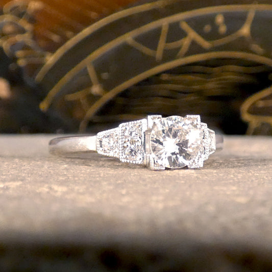 Art Deco Inspired Diamond Ring with Diamond Staged Shoulders in Platinum - Wharfedale Antiques